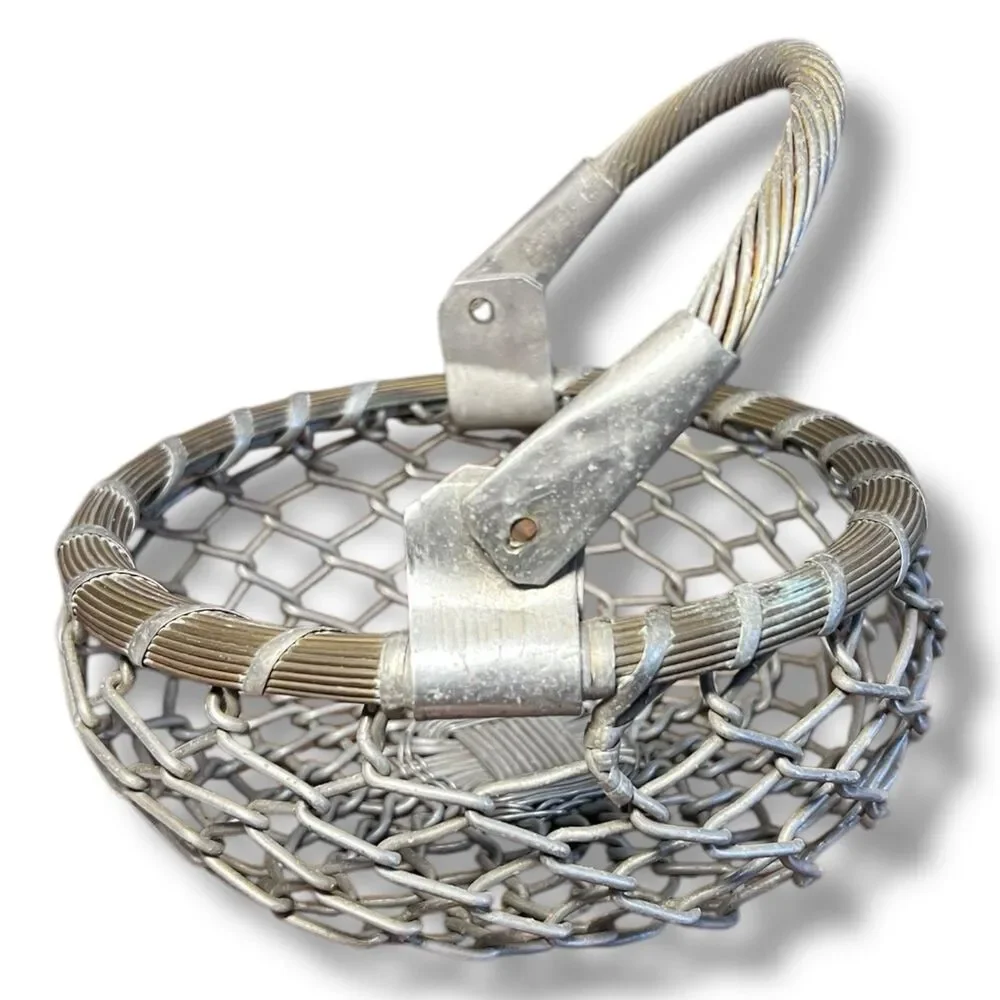 Round Vintage Metal Steel Woven Wire Basket With Hinged Handle Made In India